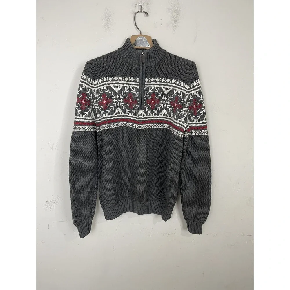 IZOD Mens Sweater Large Fair Isle 1/4 Zip Pullover Chunky Grey Holiday Christmas